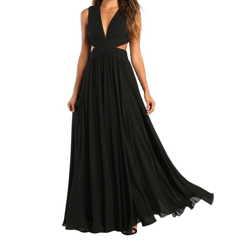 NWT‎ Lulus Vivid Imagination Black Cutout Maxi Dress XS Pleated V-Neck Formal - Picture 3 of 12